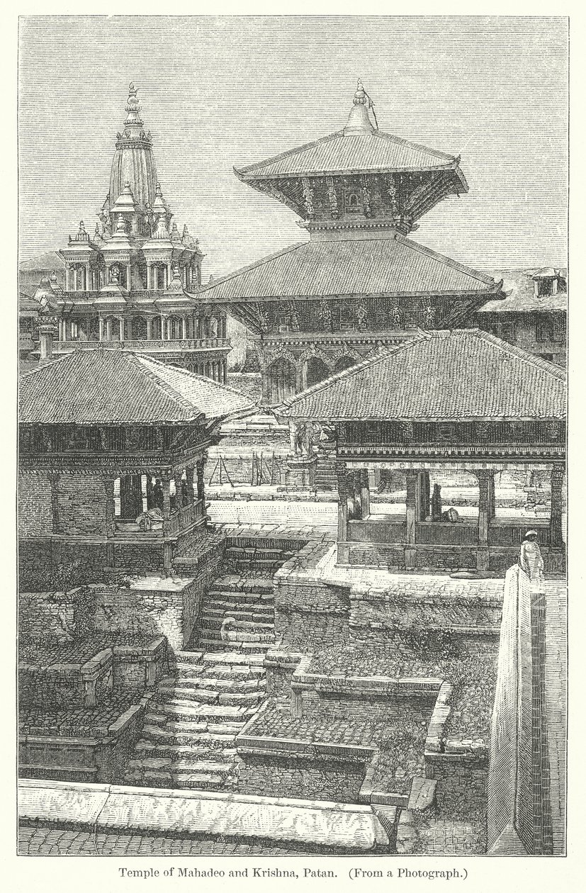Tempel van Mahadeo en Krishna, Patan (gravure) door English School