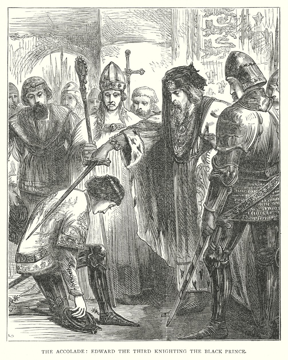 De accolade: Edward de Derde riddert de Zwarte Prins (gravure) door English School