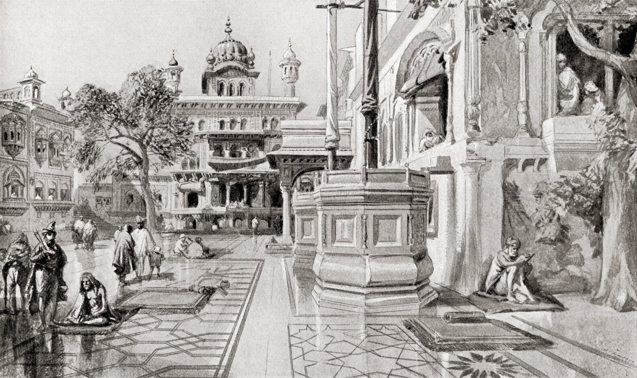 De Akal Takht of Akal Bunga, Harmandir Sahib (Gouden Tempel) complex, Amritsar, Punjab, India in 1864, uit Hutchinson