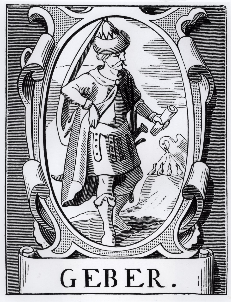 De Alchemist Geber (14e eeuw) illustratie uit Wetenschap en Literatuur in de Middeleeuwen en de Renaissance, geschreven en gegraveerd door Paul Lacroix, 1878 door English School