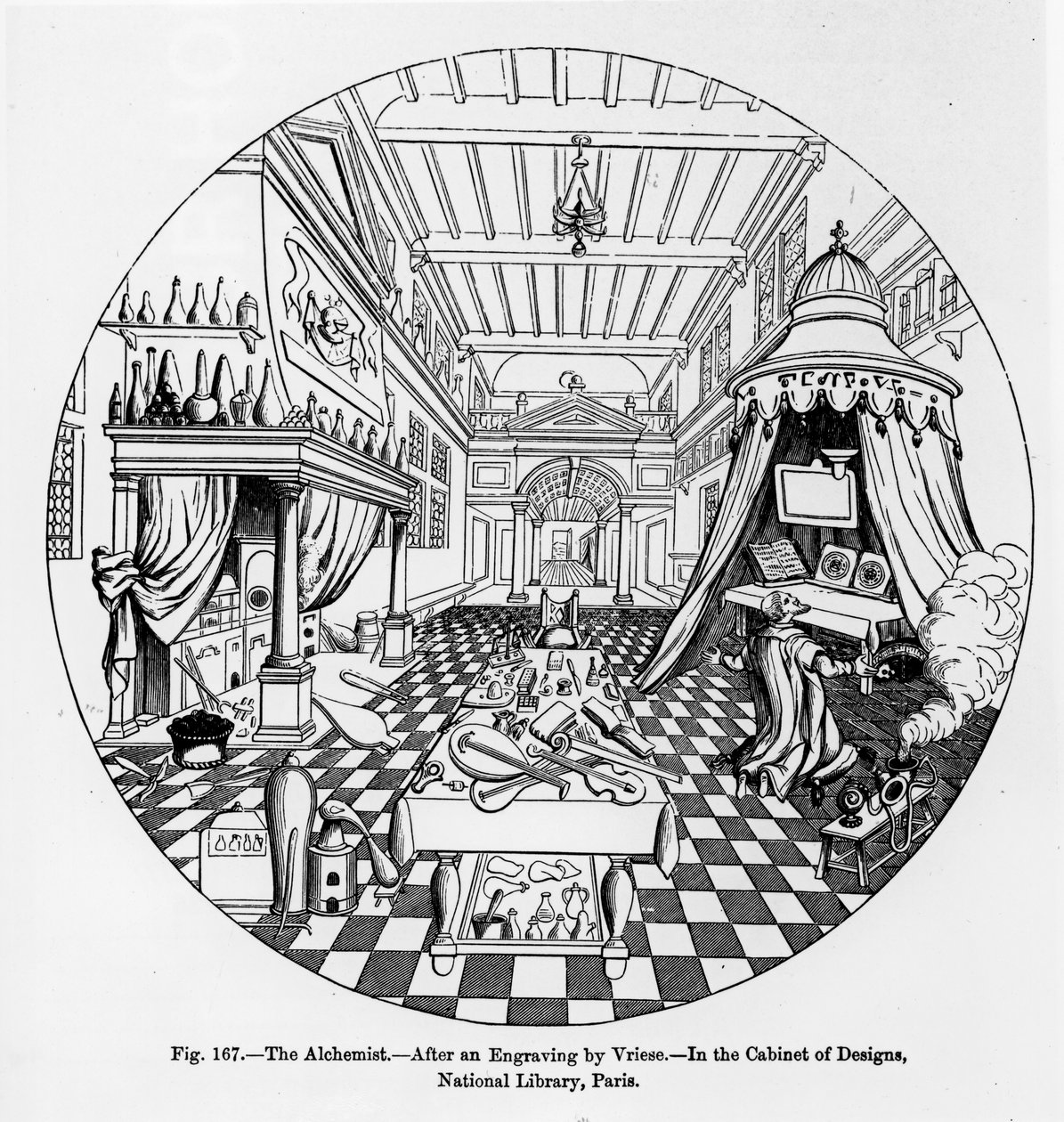 De Alchemist, naar een gravure door Vriese, illustratie uit Wetenschap en Literatuur in de Middeleeuwen en de Renaissance, geschreven en gegraveerd door Paul Lacroix, 1878 door English School
