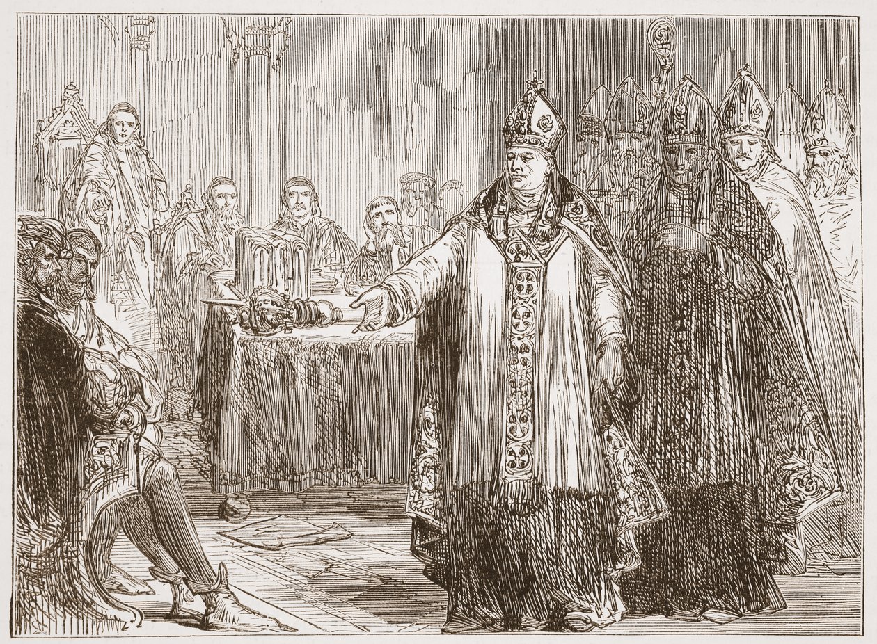 De Aartsbisschoppen van York en Canterbury voor het Parlement in Westminster Abbey, illustratie uit De Geschiedenis van het Protestantisme door James Aitken Wylie, 1878 door English School