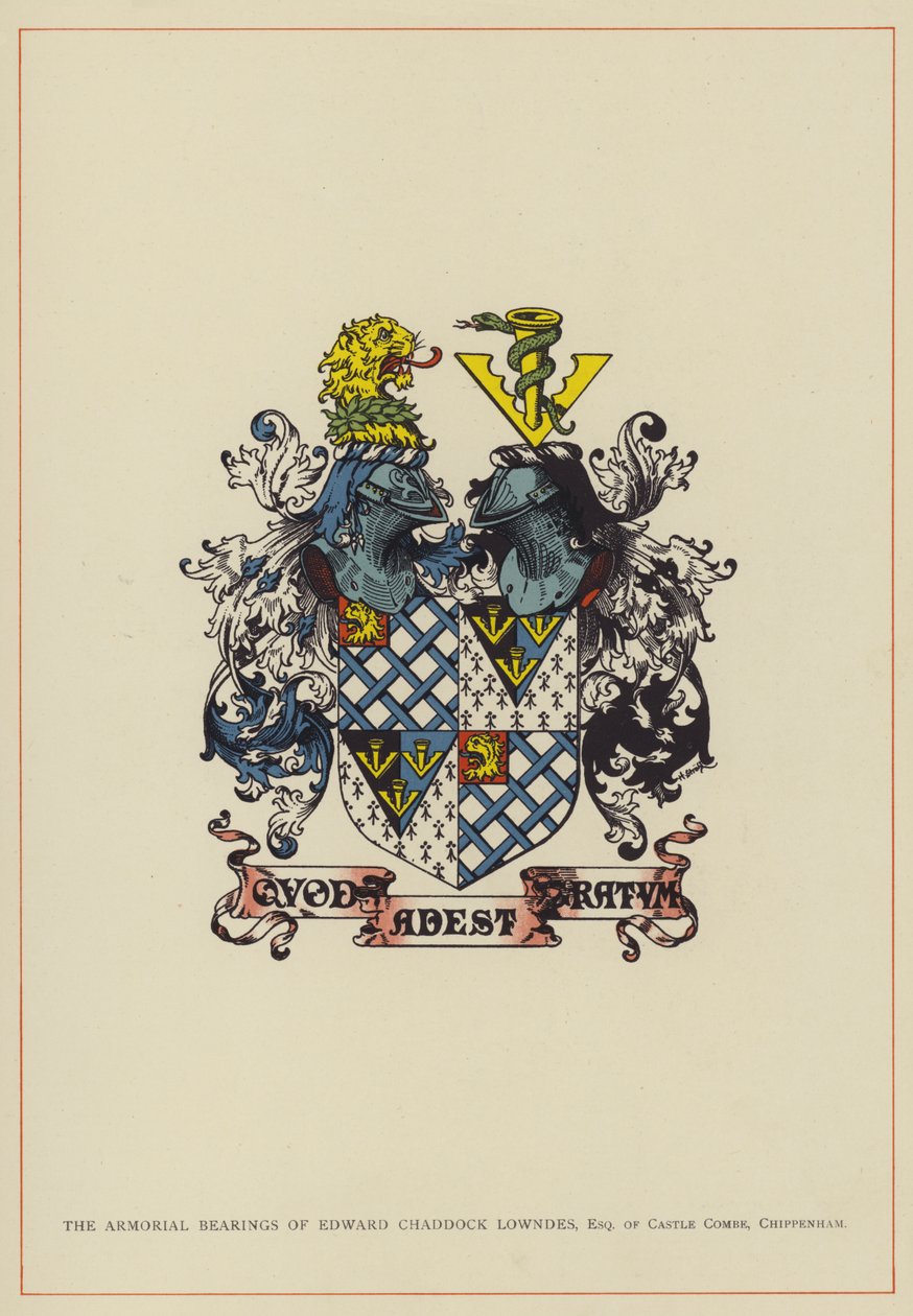 De wapenschilden van Edward Chaddock Lowndes, Esquire van Castle Combe, Chippenham (kleurenlitho) door English School