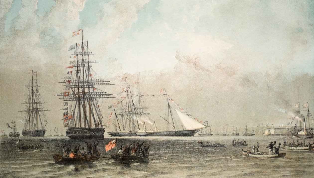 De aankomst van het koninklijke jacht voor Gravesend, 7 maart 1863, uit Een gedenkteken van het huwelijk van Edward VII en Alexandra van Denemarken, uitgegeven 1864 door English School