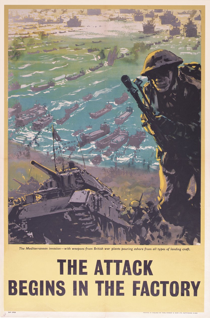 De Aanval Begint in de Fabriek, Tweede Wereldoorlog poster, 1943 door English School