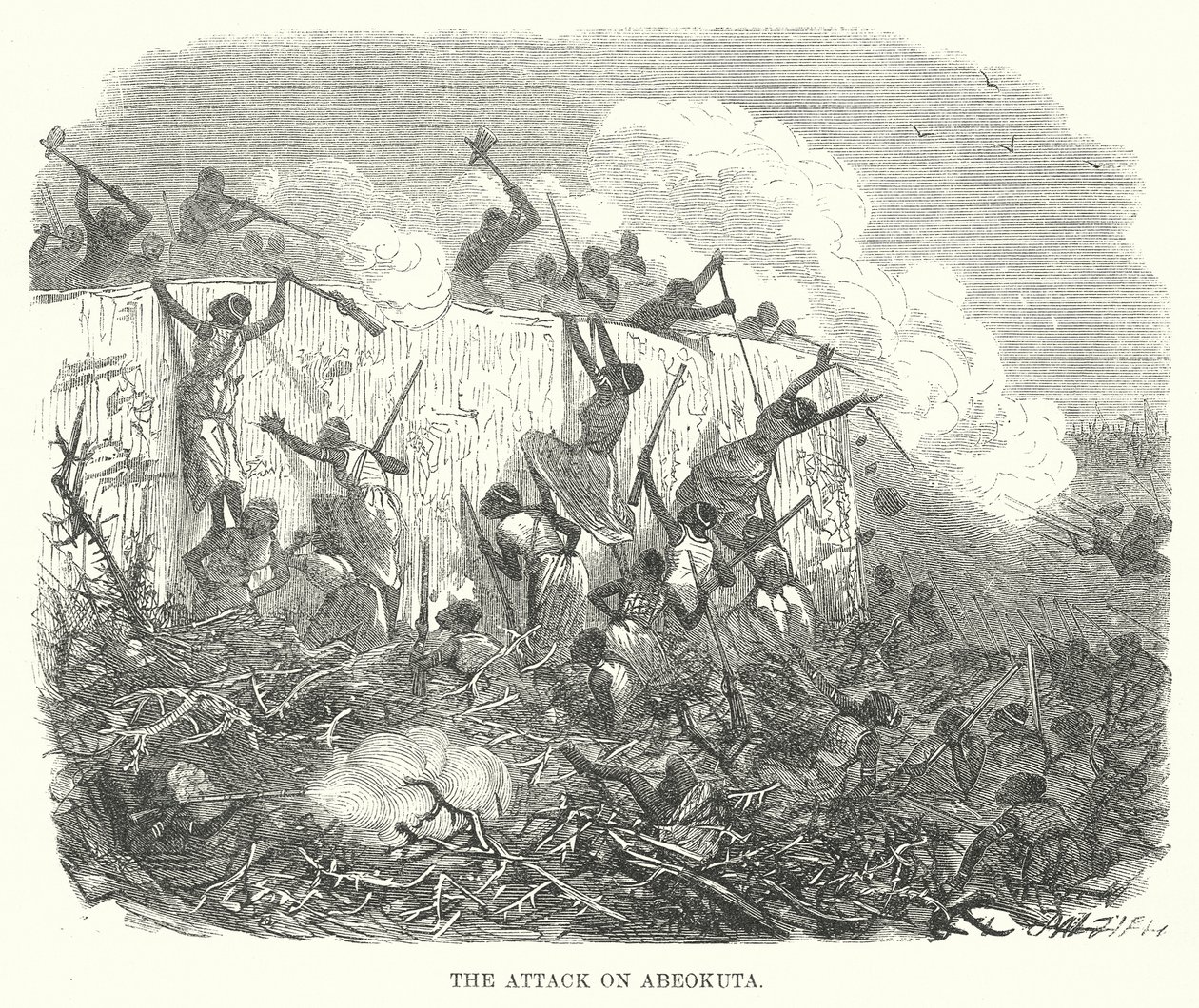 De aanval op Abeokuta (gravure) door English School