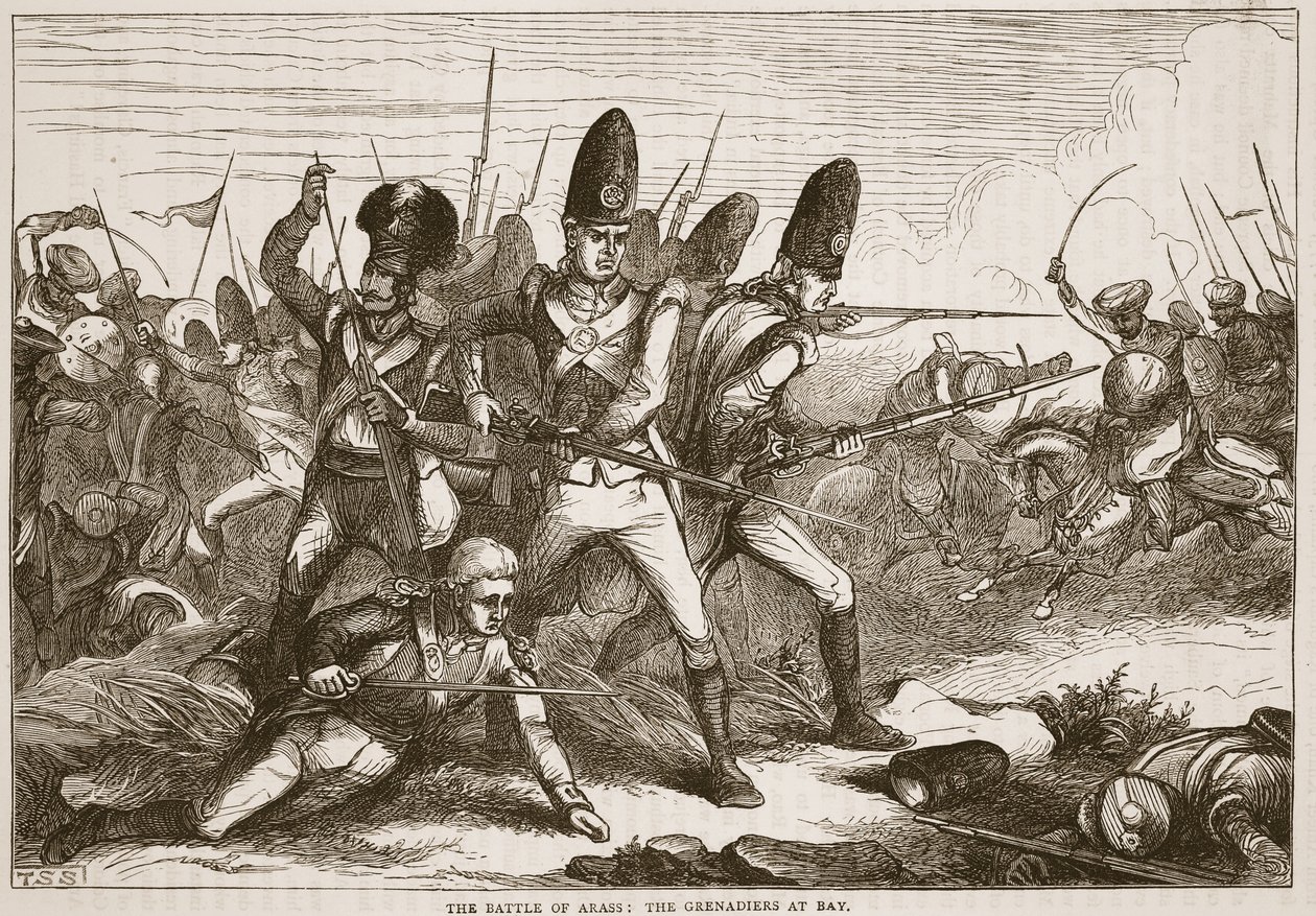 De Slag bij Arass: de Grenadiers in het nauw, illustratie uit Cassells Geïllustreerde Geschiedenis van India door James Grant, uitgegeven 1879 door English School