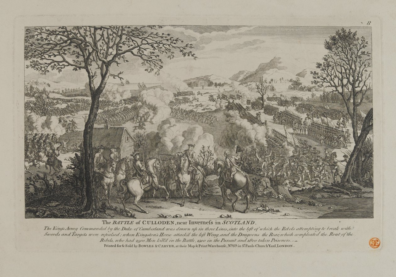 De Slag bij Culloden, nabij Inverness in Schotland, uitgegeven door Bowles en Carver, 1746 door English School