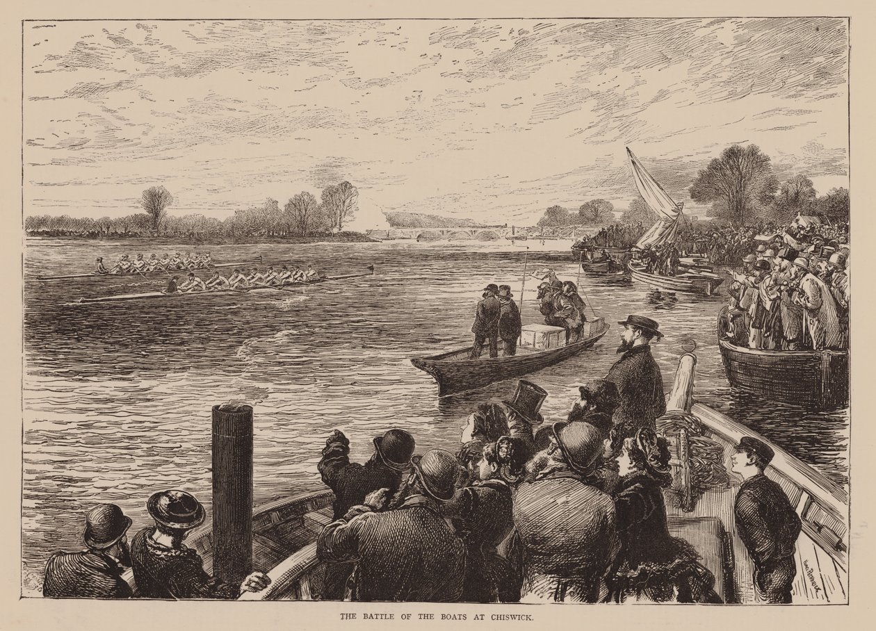 De slag van de boten bij Chiswick (gravure) door English School