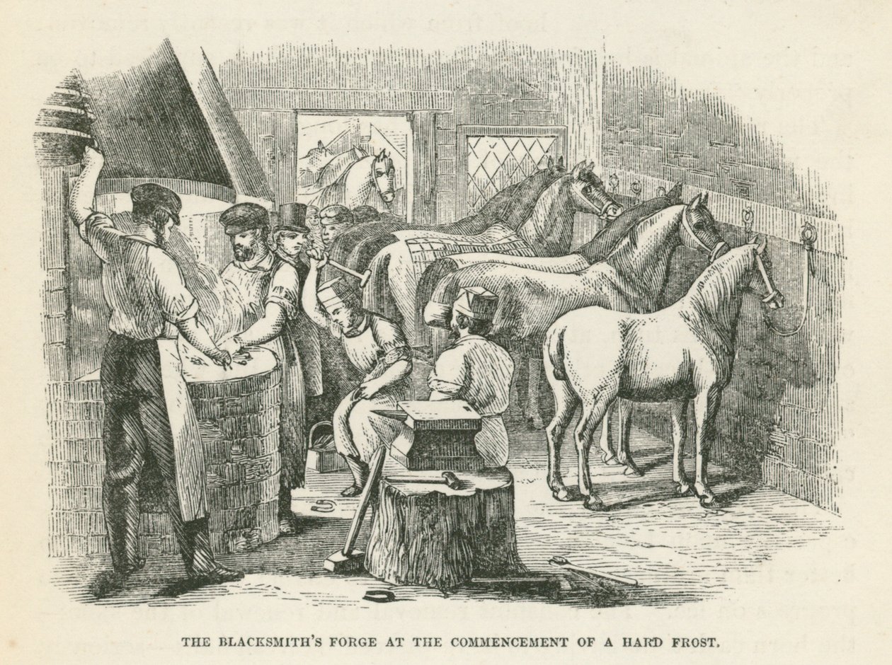 De smederij van de smid aan het begin van een strenge vorst (gravure) door English School