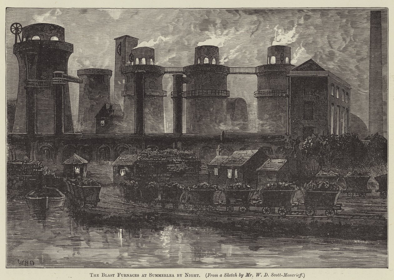 De hoogovens van Summerlea bij nacht (gravure) door English School