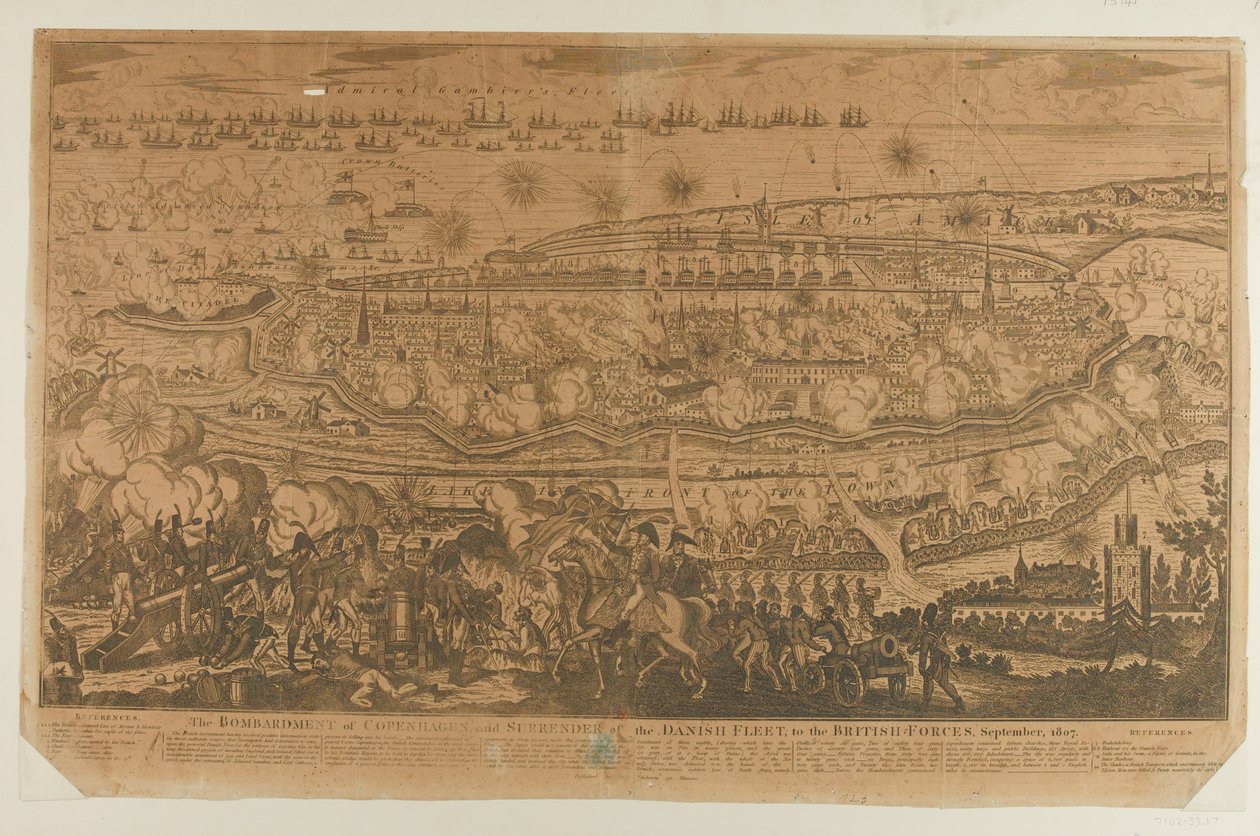 Het Bombardement van Kopenhagen en Overgave van de Deense Vloot, september 1807, uitgegeven door John Fairburn in 1807 door English School