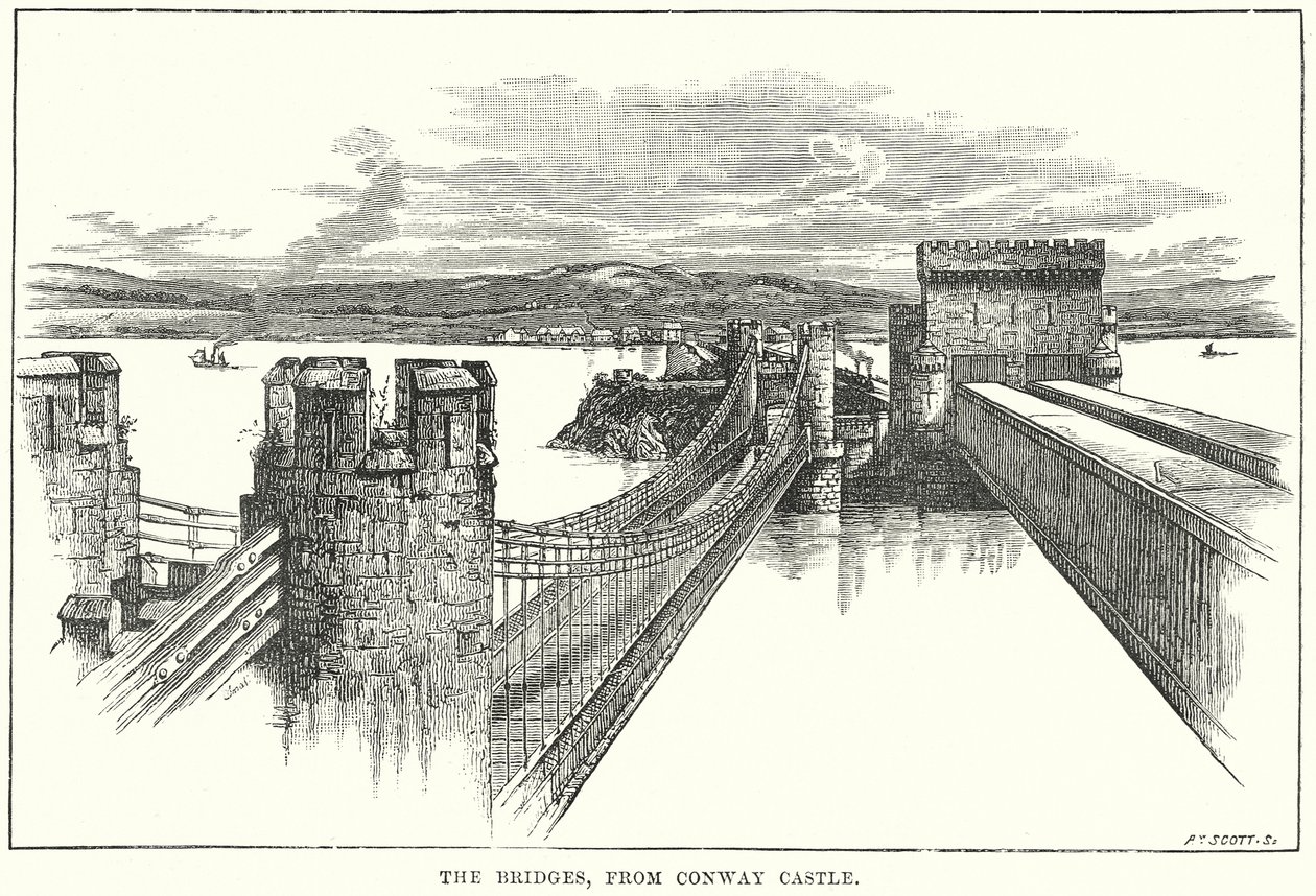 De bruggen, vanaf Conway Castle (gravure) door English School