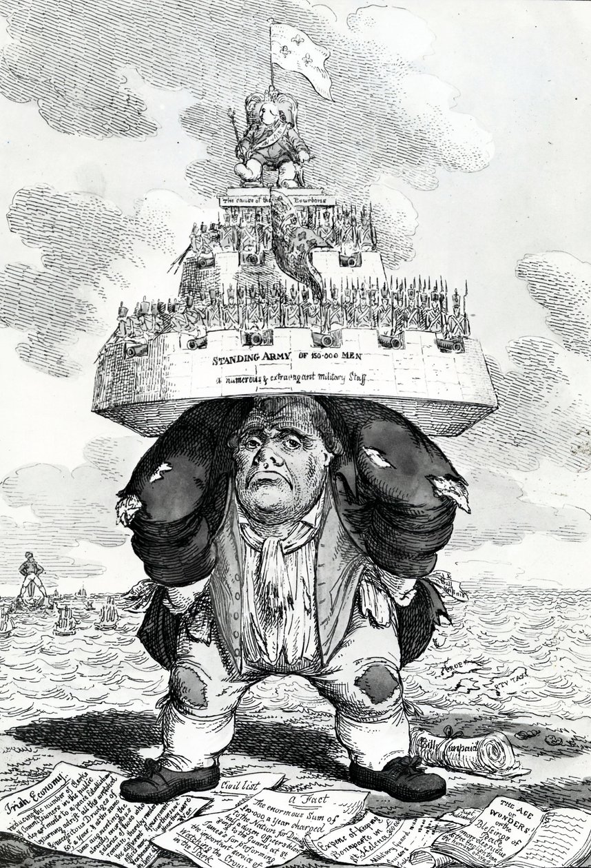 De Britse Atlas, of John Bull die de vredesvestiging ondersteunt, prent gemaakt door Charles Williams, 1816 door English School