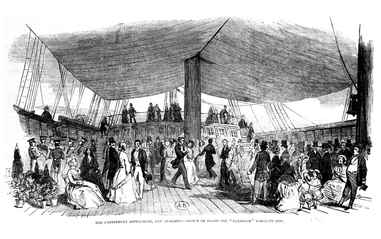 De Canterbury nederzetting, Nieuw-Zeeland - schets aan boord van het emigrantenschip Randolph, 1850 door English School