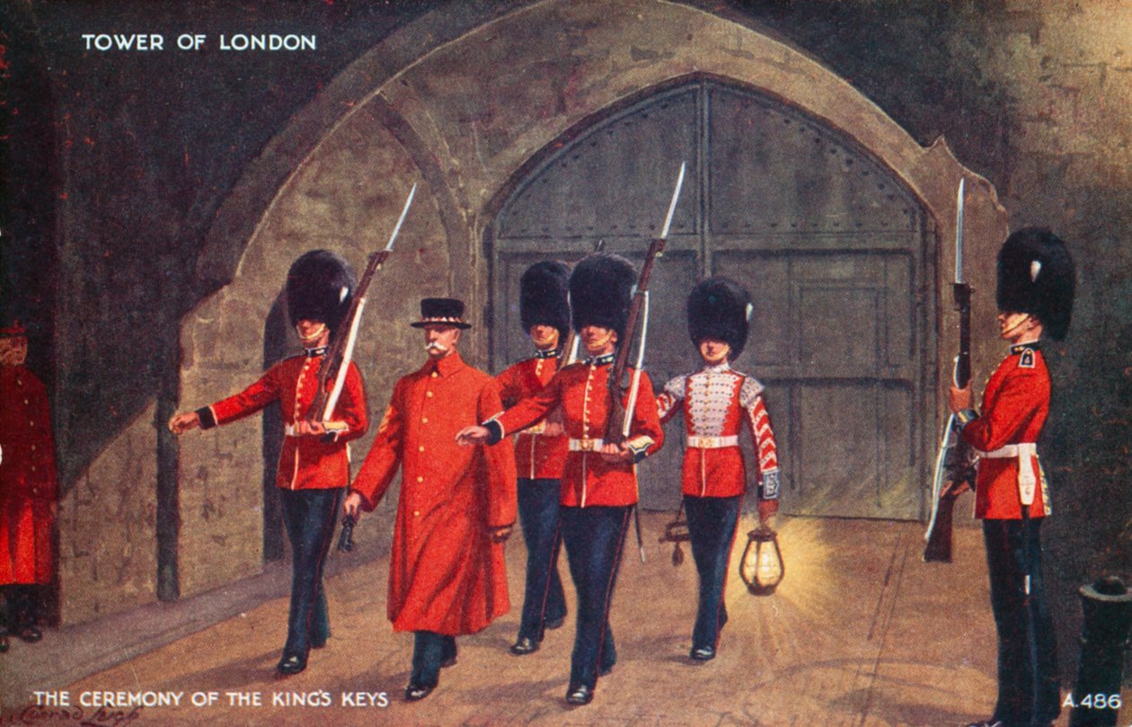 De ceremonie van de sleutels van de koning, Tower of London (kleurenlitho) door English School