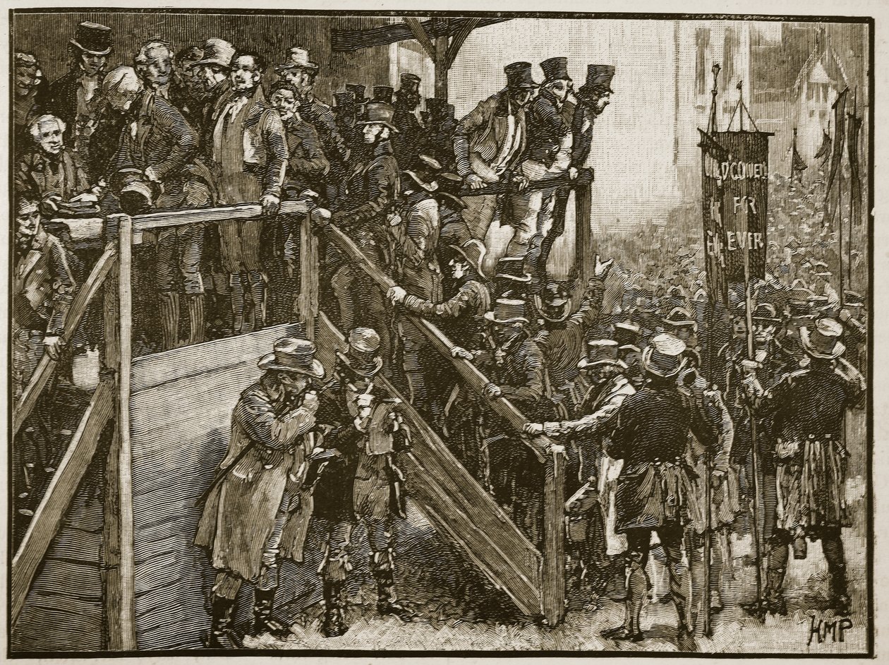 De Clare-wedstrijd: Vader Murphy leidt zijn pachters naar de stembus, illustratie uit Cassells Geïllustreerde Geschiedenis van Engeland door English School