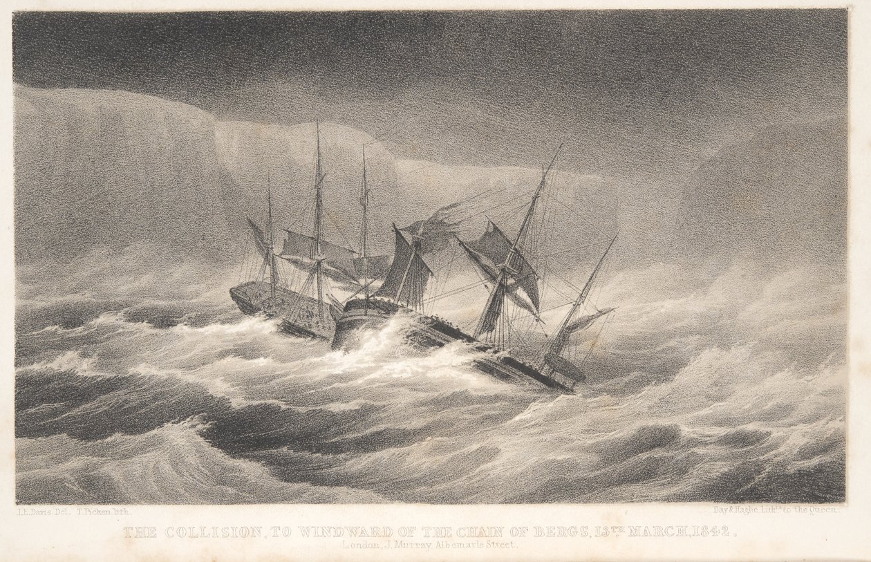 De botsing, van ontdekkingsreis en onderzoek in de zuidelijke en Antarctische gebieden door kapitein Sir James Clark Ross, pub. 1847 (gravure) door English School