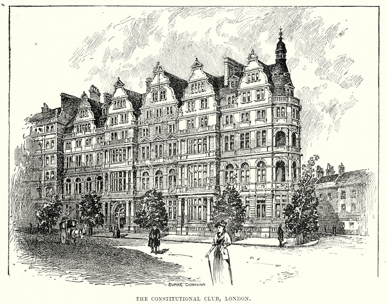 De Constitutionele Club, Londen (gravure) door English School