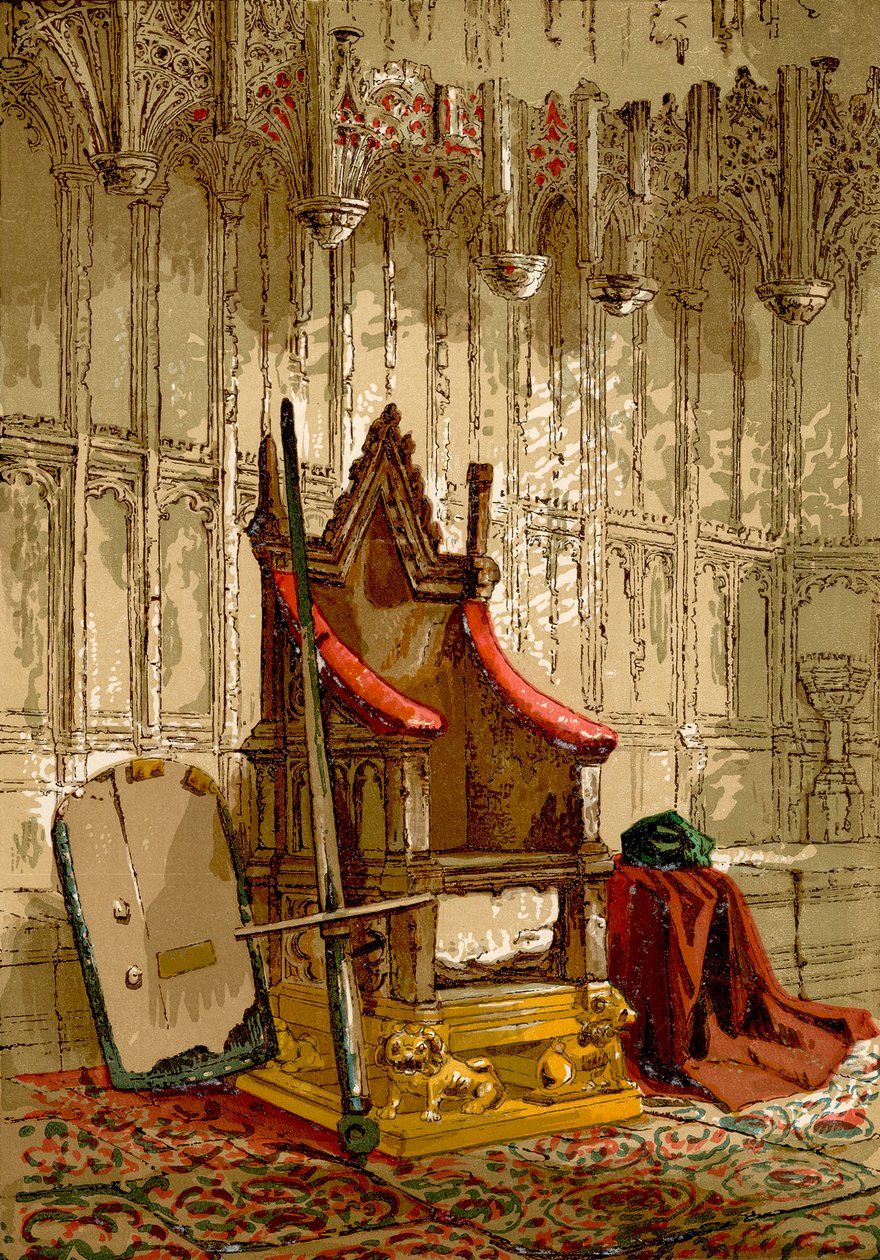 De kroningsstoel (ingekleurde gravure) door English School