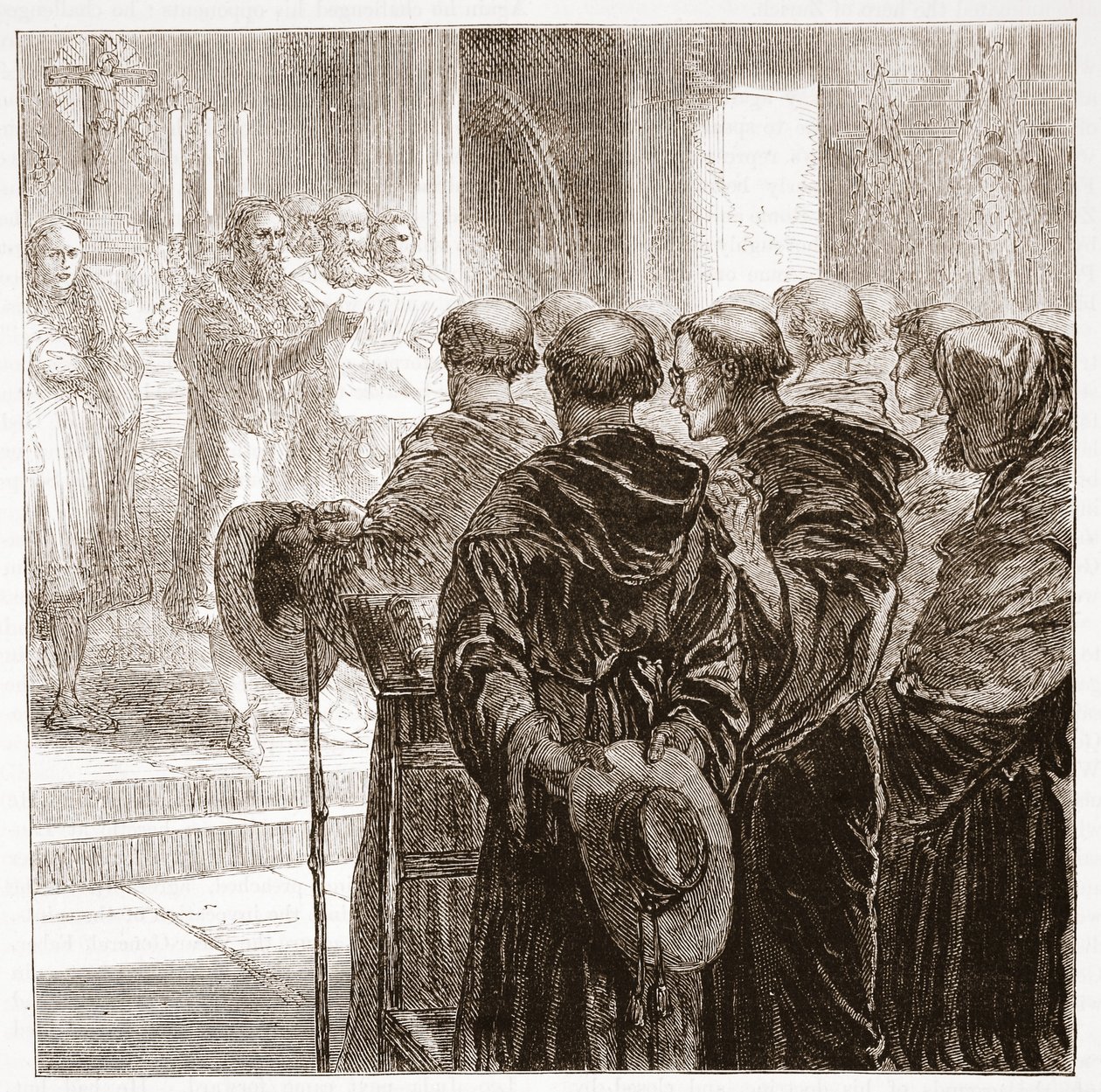 De raadsleden ontbinden de Augustijner orde van monniken in Zürich, 1524, illustratie uit De Geschiedenis van het Protestantisme door James Aitken Wylie, 1878 door English School