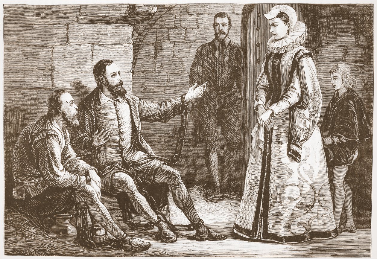 De gravin van Reux bezoekt De Bray en La Grange in de gevangenis, illustratie uit De Geschiedenis van het Protestantisme door James Aitken Wylie, 1878 door English School