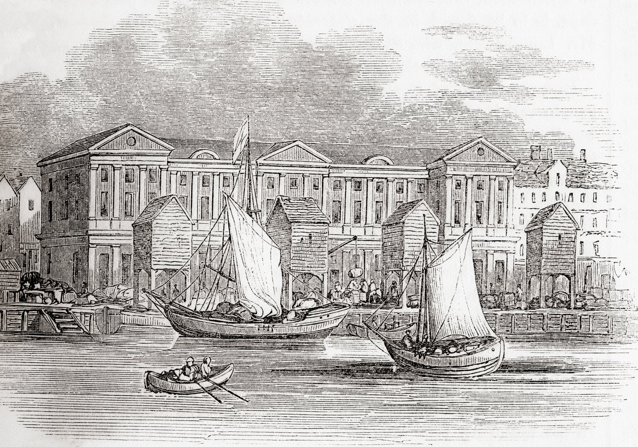 Het Douanehuis, Londen, Engeland, zoals het verscheen voor de Grote Brand, uit Old England: A Pictorial Museum, uitgegeven 1847 door English School
