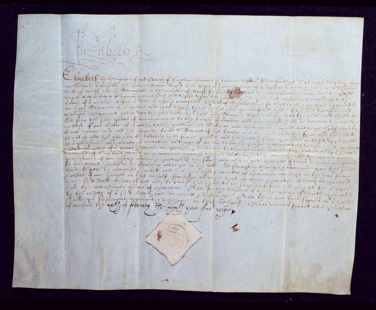 Het doodvonnis van Thomas Howard, 4e hertog van Norfolk, ondertekend door koningin Elizabeth I, 1572 door English School