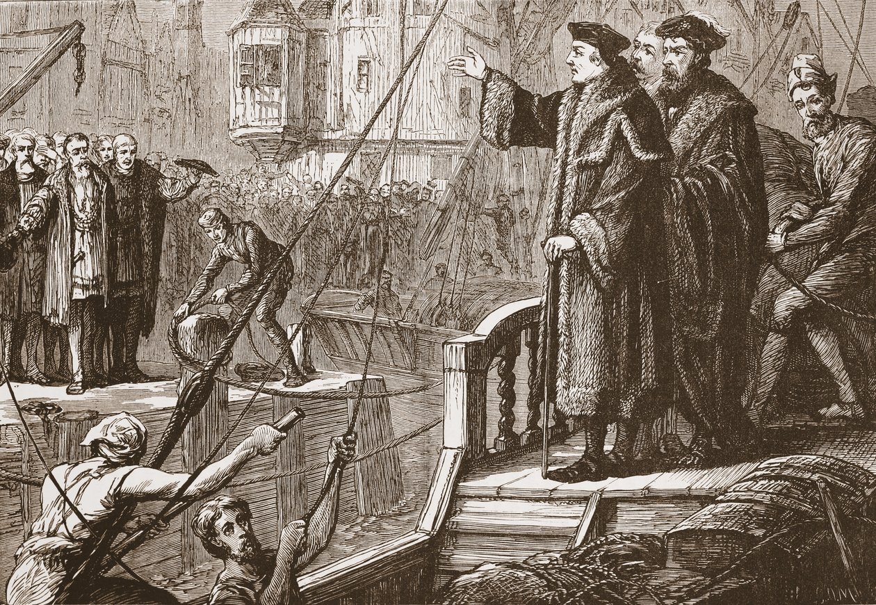 Het vertrek van Erasmus uit Bazel, illustratie uit De Geschiedenis van het Protestantisme door James Aitken Wylie, gepubliceerd in 1878 door English School