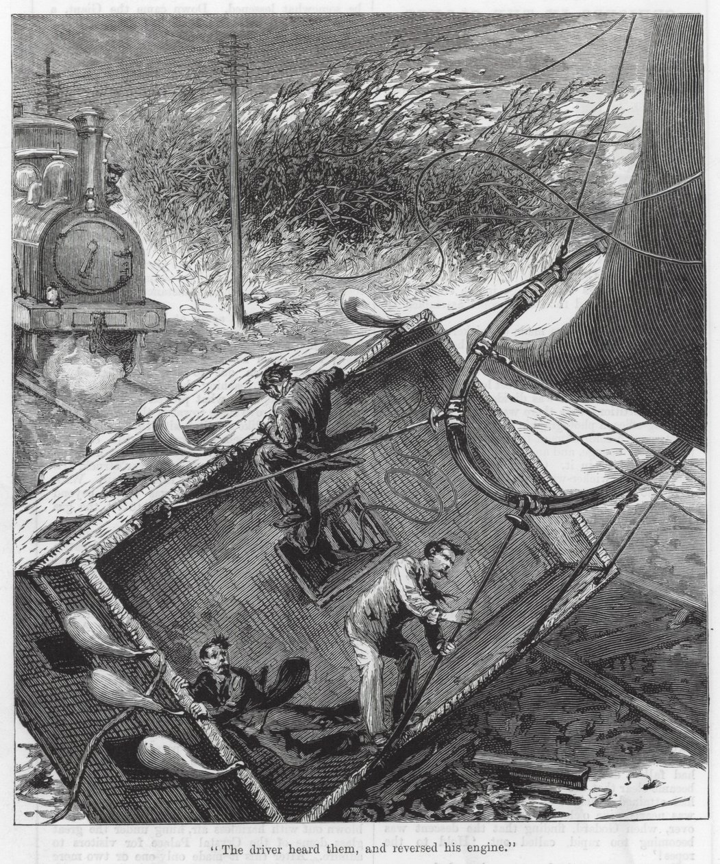 "De Machinist hoorde ze en keerde zijn Motor om" (gravure) door English School