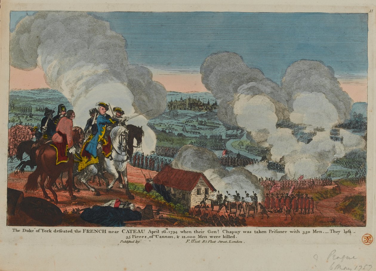 De hertog van York (1763-1827) verslaat de Fransen bij Cateau, 26 april 1794, uit een reeks van Zevenjarige Oorlogscènes gepubliceerd door F. West, 1834 door English School