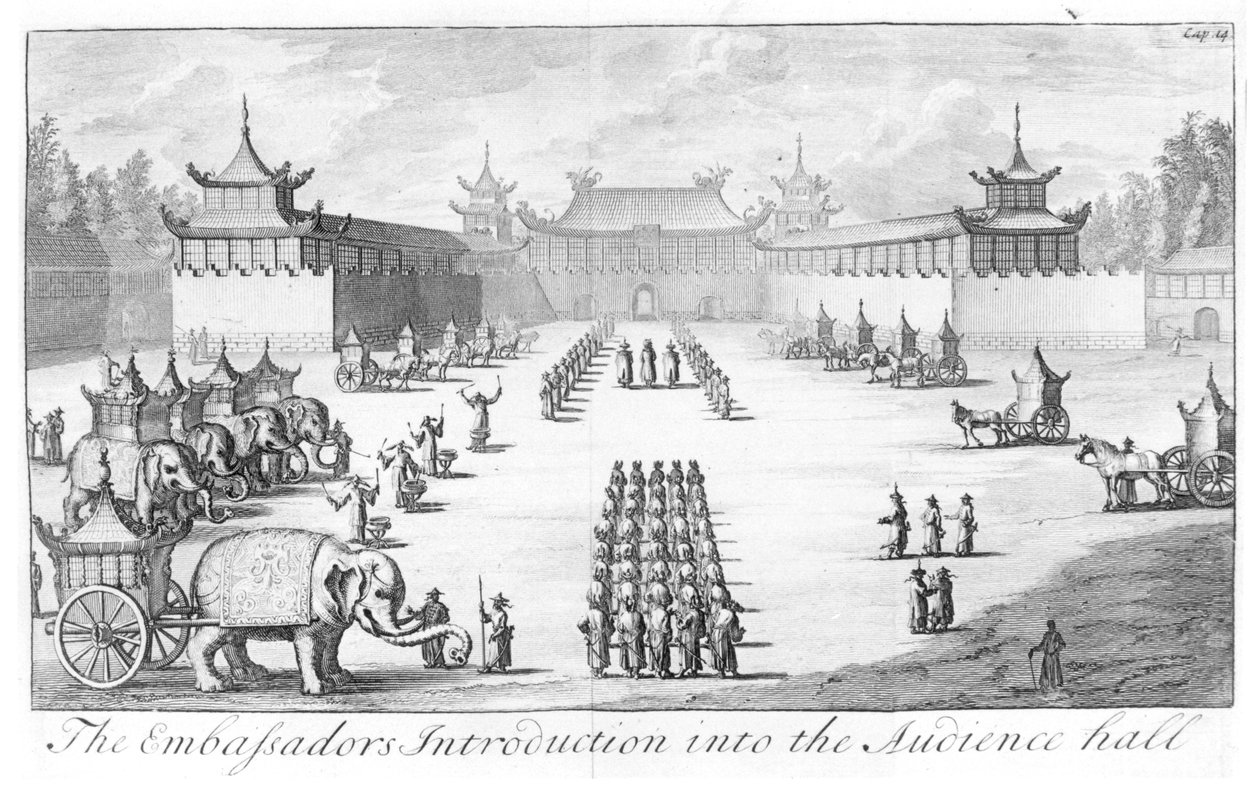 De introductie van de ambassadeurs in de audiëntiezaal: ontvangst in het Chinese keizerlijke paleis in Beijing voor de ambassade van tsaar Peter de Grote geleid door Evert Isbrandz. Ides, uit Three Years Travels from Mo door English School
