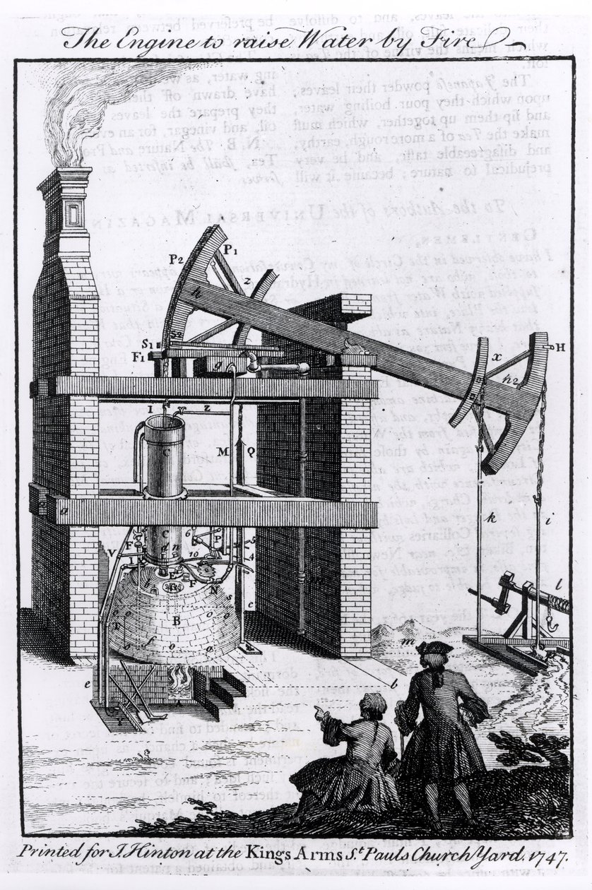 De machine om water door vuur op te heffen, een diagram van Newcomens stoommachine voor het Universal Magazine, 1747 door English School