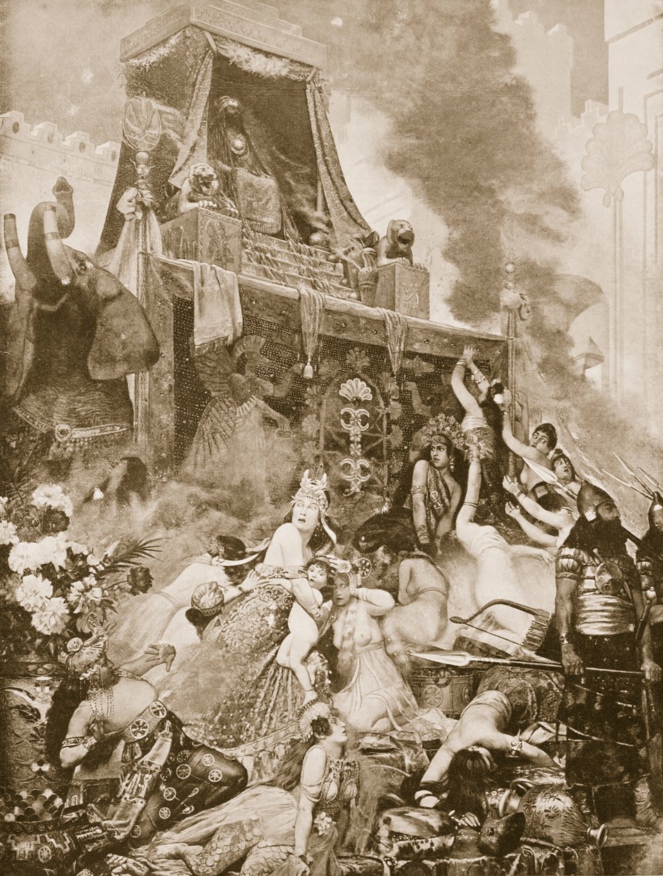 De val van Nineve, illustratie uit Hutchinsons Geschiedenis van de Naties, ca. 1910-15 door English School
