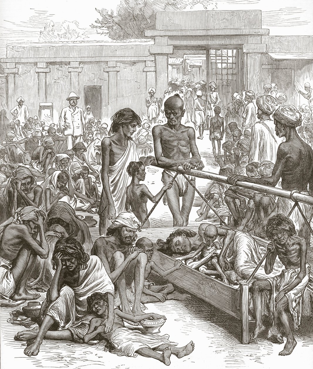 De hongersnood in India: Inheemsen wachten op hulp in Bangalore, oktober 1877 door English School