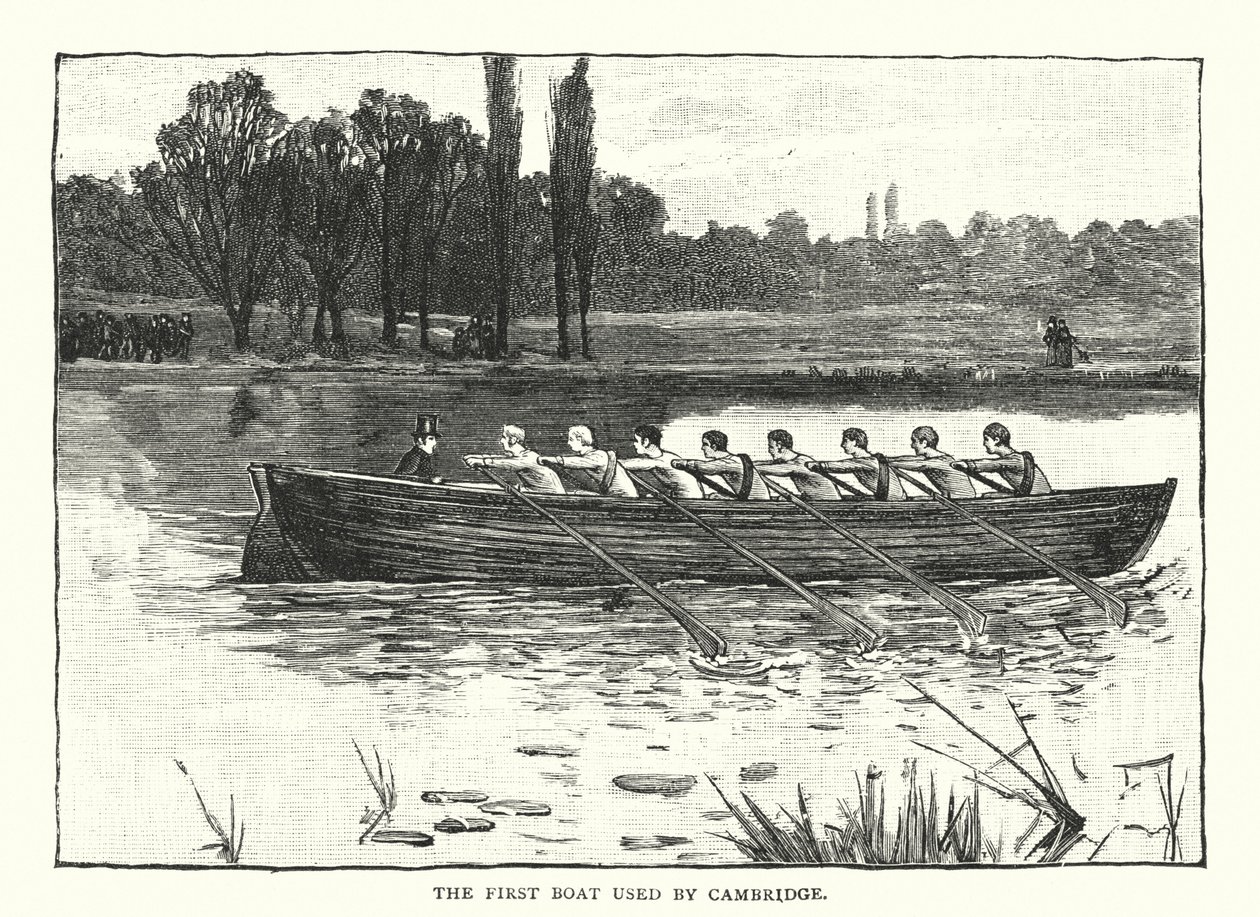 De eerste boot gebruikt door Cambridge (gravure) door English School