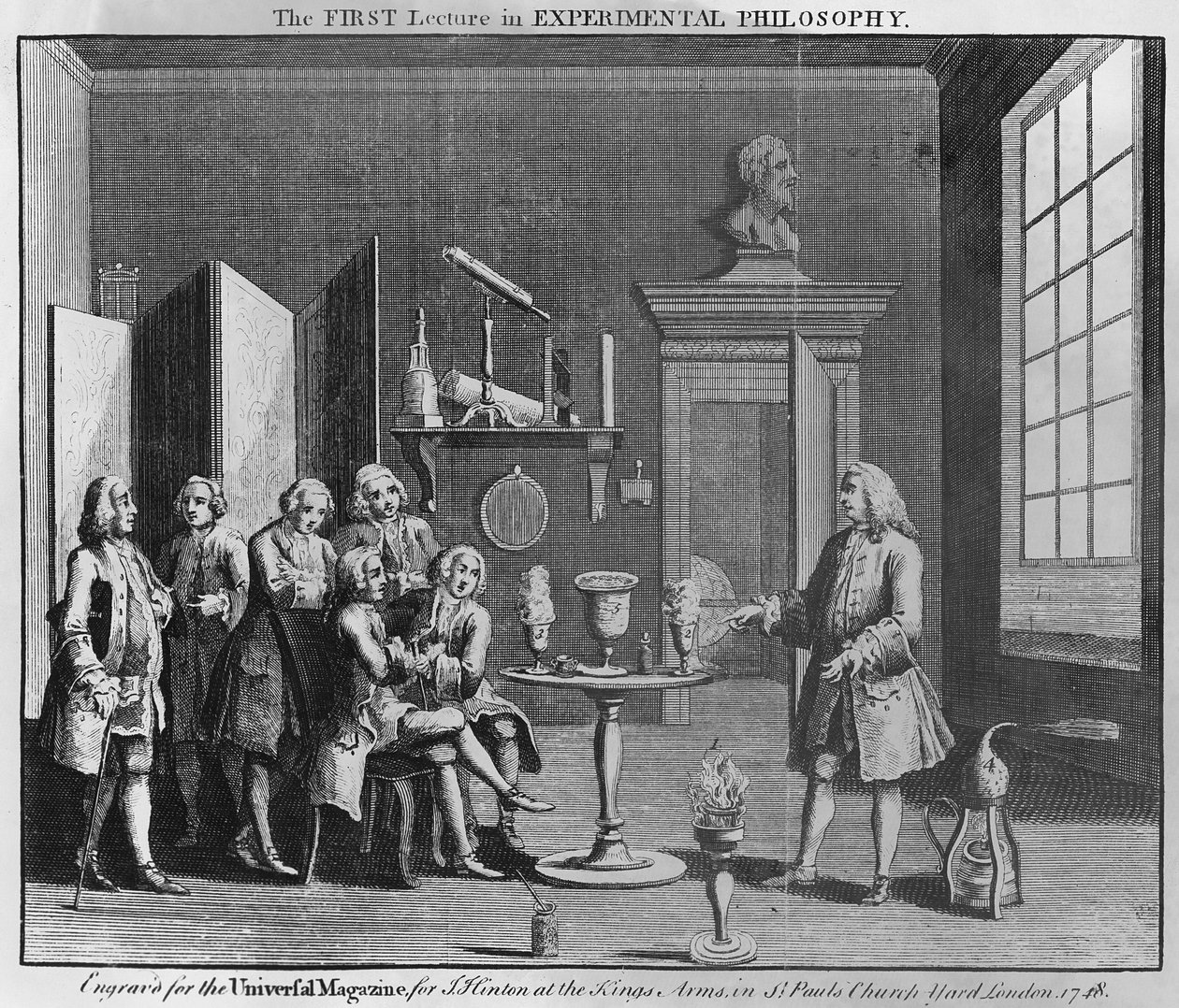 De Eerste Lezing in Experimentele Filosofie, gegraveerd voor het Universele Tijdschrift, 1748 door English School