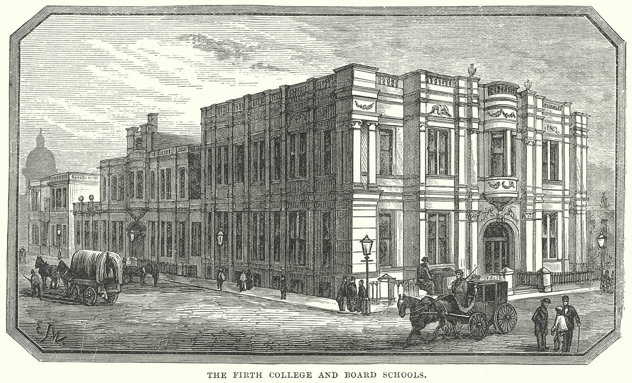 Het Firth College en bestuursscholen (gravure) door English School