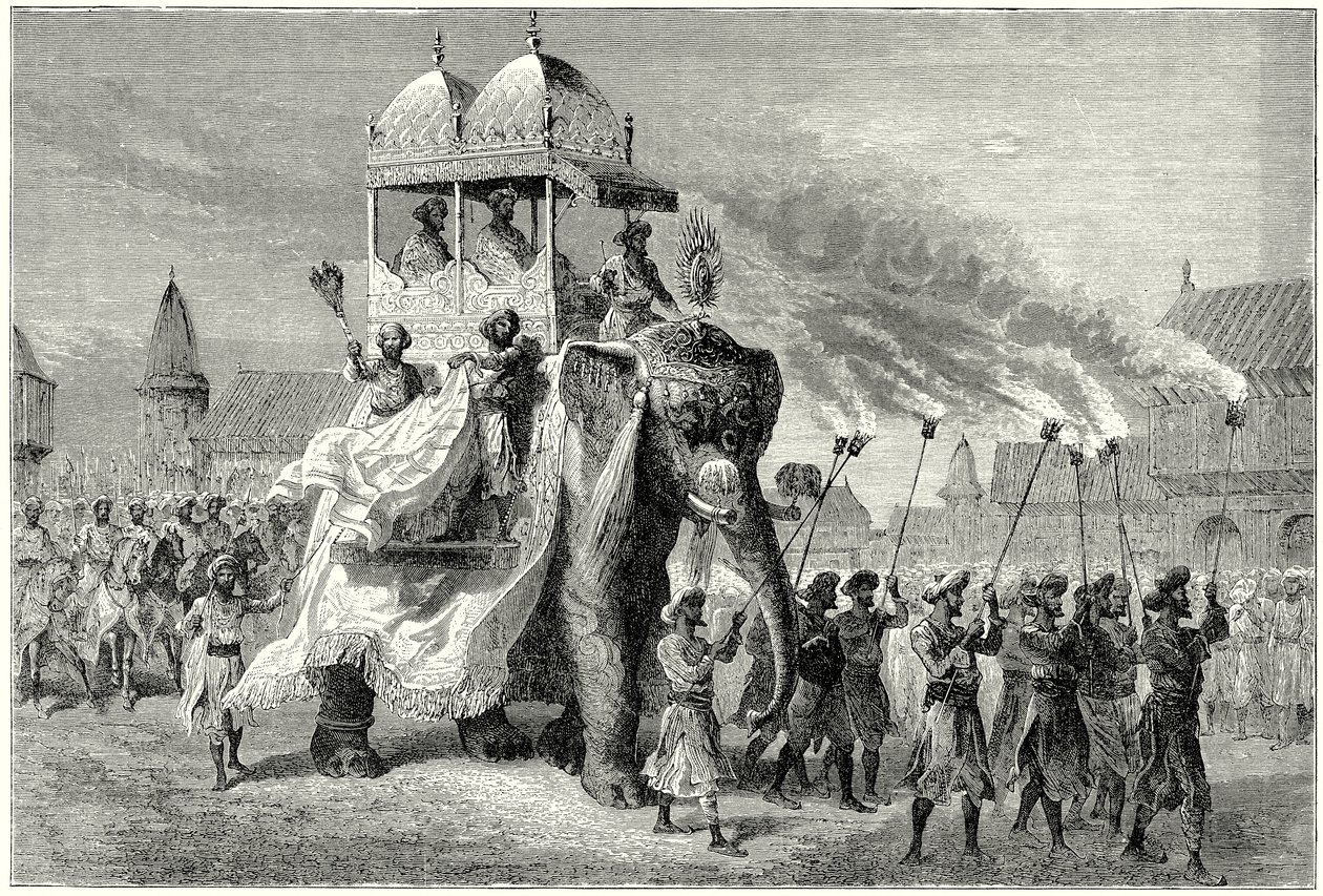 De Gaikwar Olifant in de Grote Sowari in Baroda (gravure) door English School