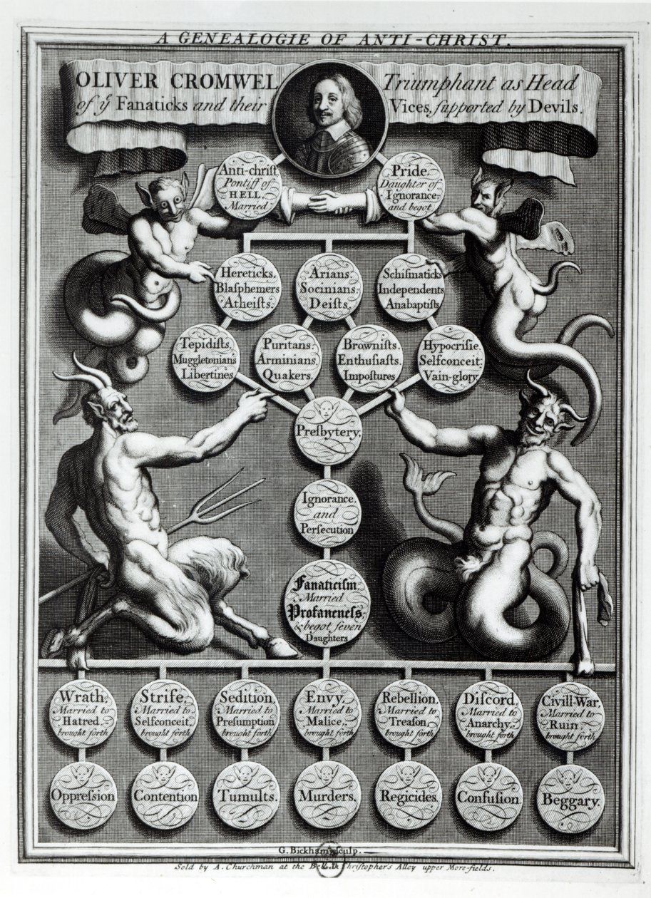 De genealogie van de Antichrist Oliver Cromwell (1599-1658) door English School