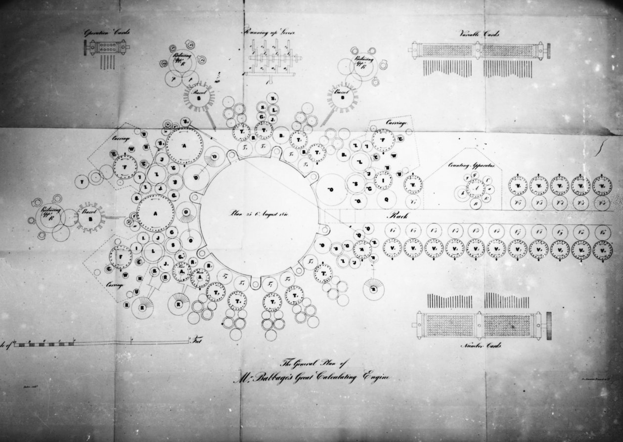 Het algemene plan van de grote rekenmachine van de heer Babbage, gegraveerd door Bolton, gedrukt door Lemercier Bernard & Co door English School
