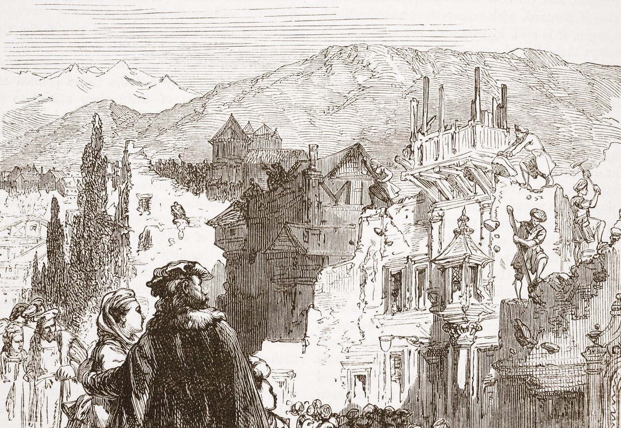 De Genevenaren vernietigen de buitenwijken van hun stad, illustratie uit De Geschiedenis van het Protestantisme door James Aitken Wylie, gepubliceerd in 1878 door English School