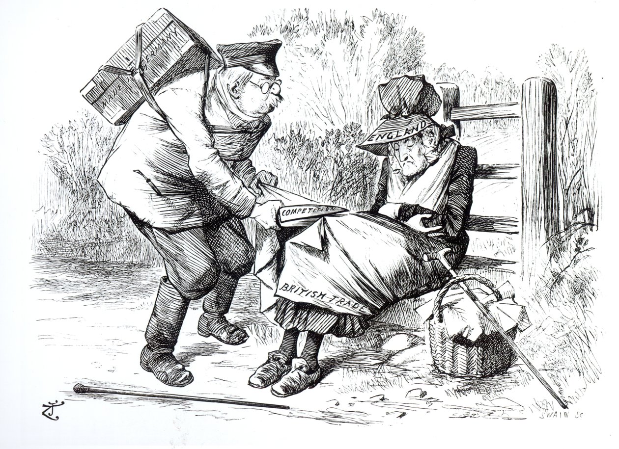 De Duitse Handelsreiziger die marktaandelen steelt van de Britse handel, karikatuur uit Punch, The London Charivari, 5 september 1896 door English School