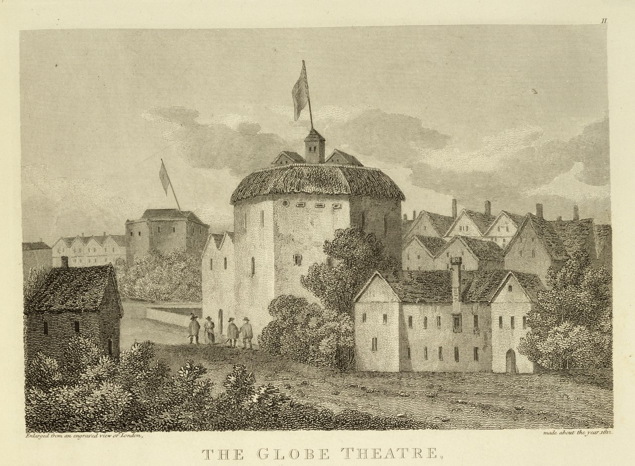 Het Globe Theatre aan de Bankside zoals het verscheen tijdens het bewind van James I (1566-1625), naar een gravure c.1612, gepubliceerd 1810 door English School