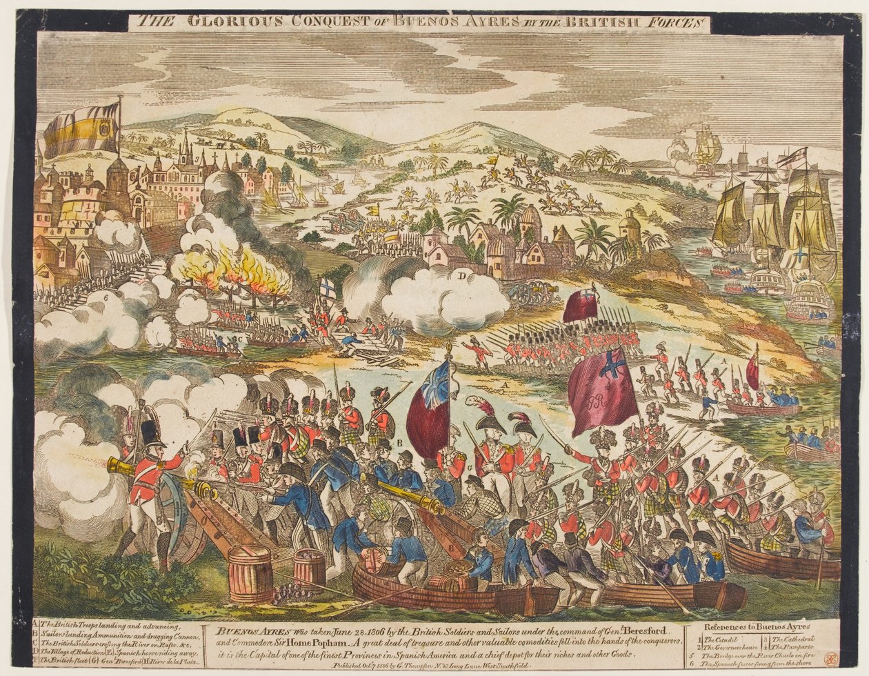 De glorieuze verovering van Buenos Aires door de Britse troepen, 27 juni 1806, gepubliceerd door G. Thompson, 1806 (gekleurde houtsnede) door English School