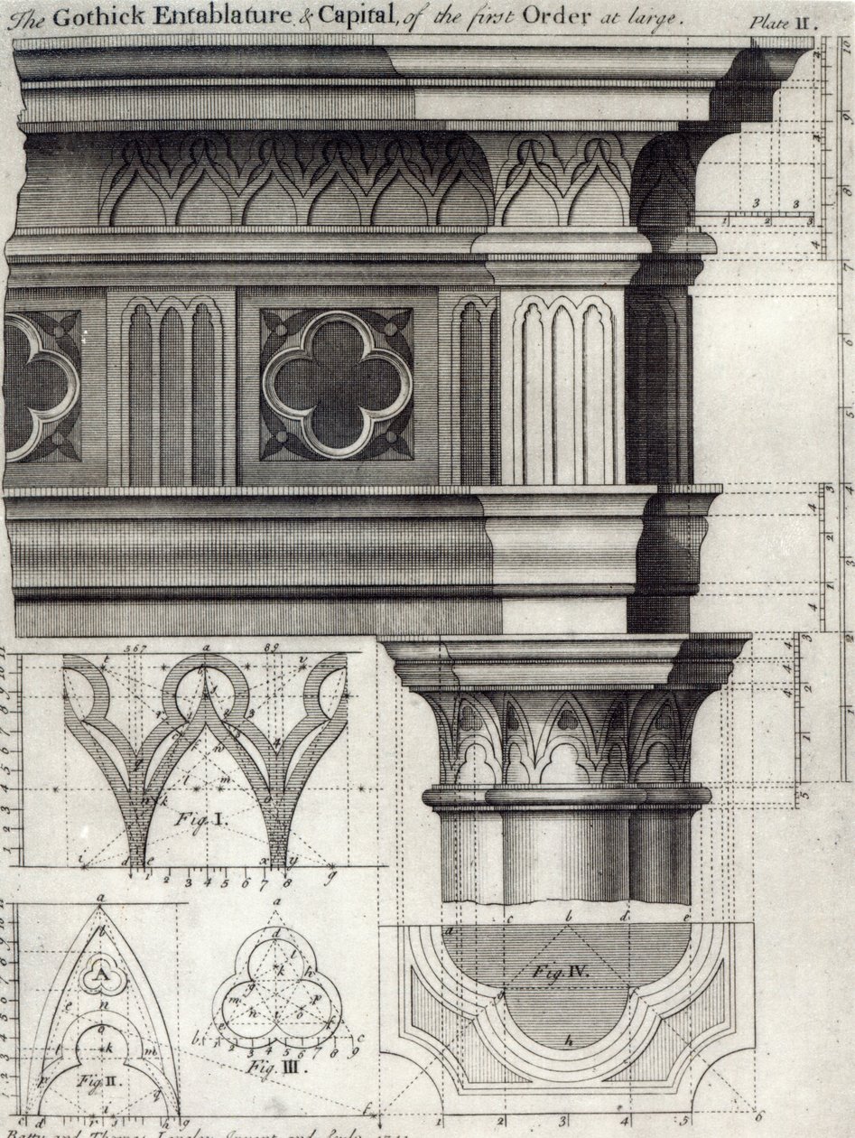 De gotische entablement en kapiteel van de eerste orde op ware grootte, 1741 door English School