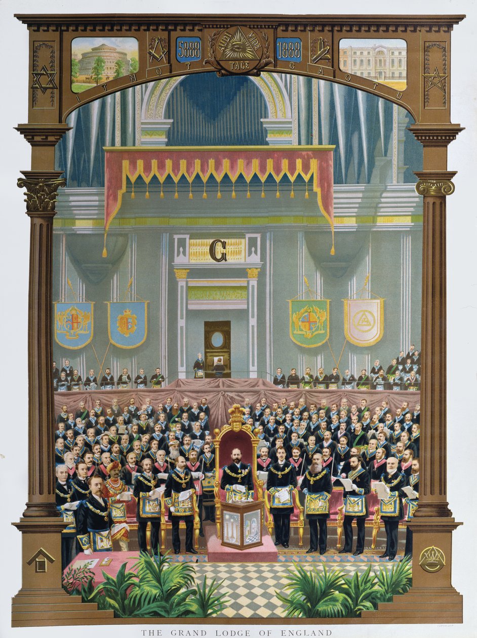 De Grand Lodge of England stemt over het felicitatieve jubileumadres aan Hare Majesteit Koningin Victoria in de Albert Hall, Londen, 13 juni 1887 door English School