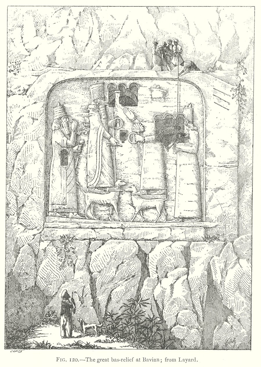 Het grote bas-reliëf in Bavian; van Layard (gravure) door English School