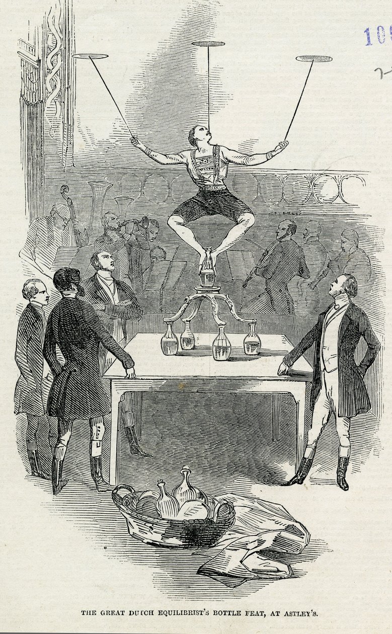 De Grote Nederlandse Evenwichtskunstenaars Fles Stunt bij Astleys, illustratie uit de Illustrated London News, 1846 door English School
