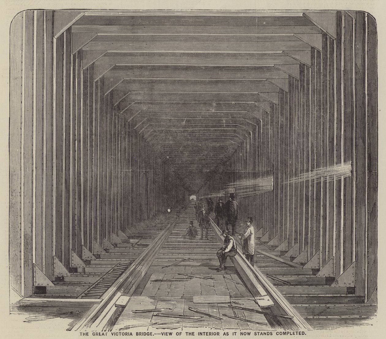 The Great Victoria Bridge, View of the Interior as it Stands Completed (gravure) door English School